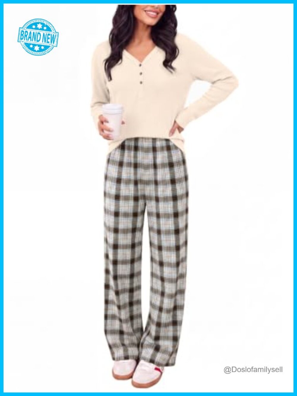 Waffle Knit Henley Pajama Set Long Sleeve Plaid Pants Loungewear